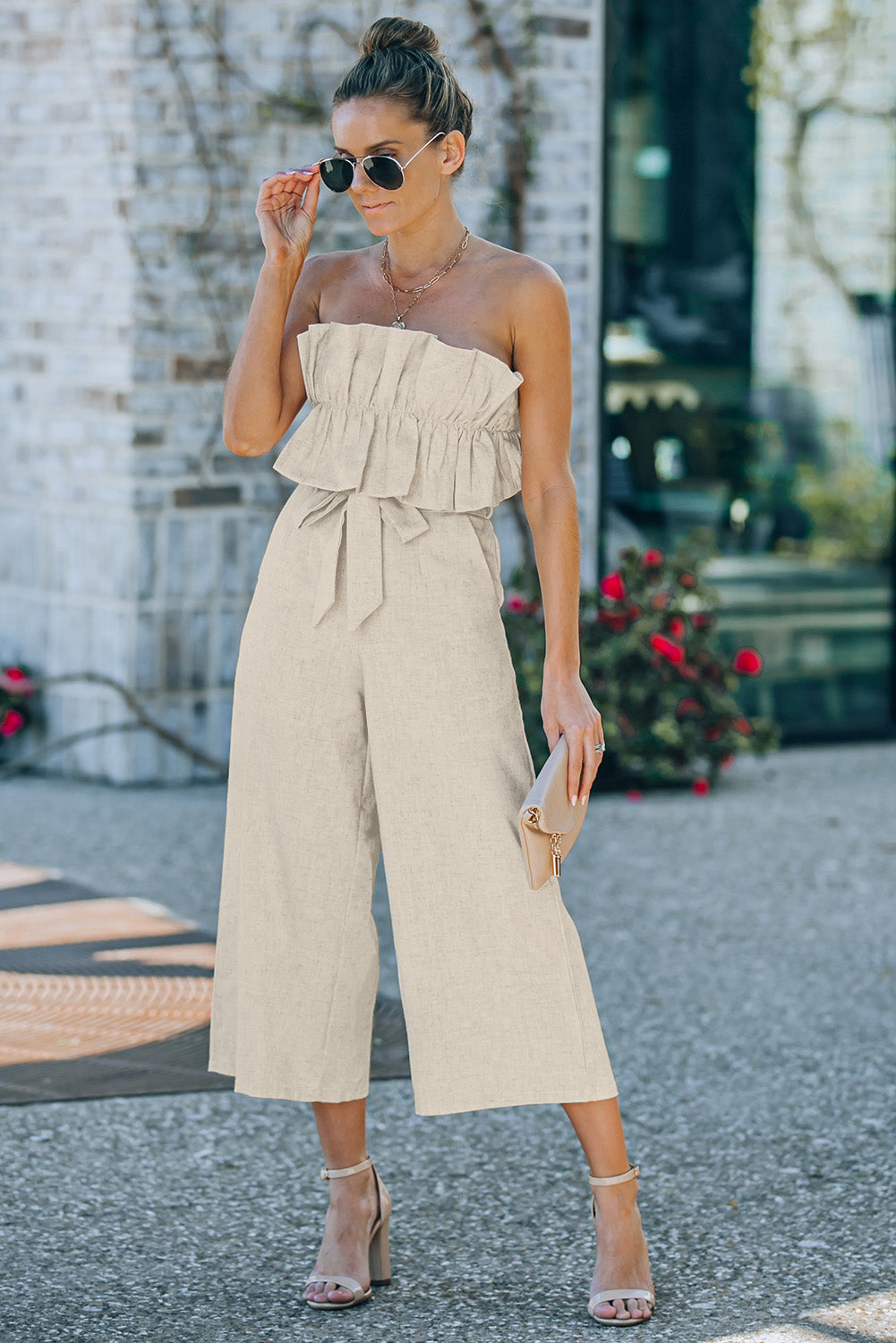 Beige Ruffled Strapless Wide Leg Jumpsuit