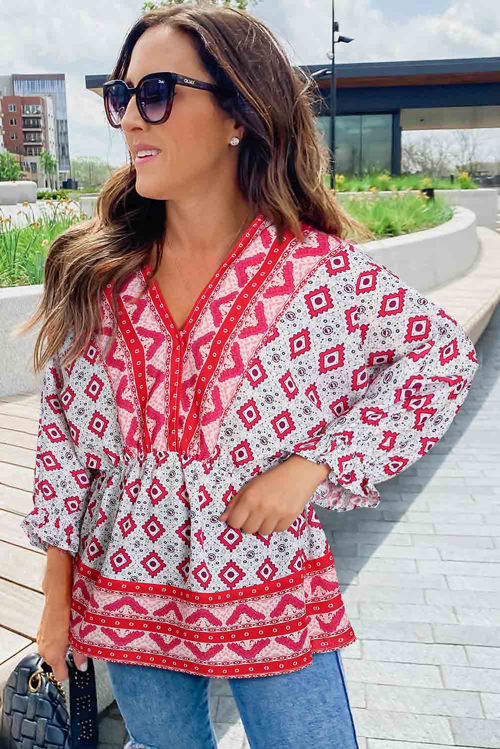 Fiery Red Geometric Print 3/4 Sleeve V-Neck Shirred Waist Flared Blouse