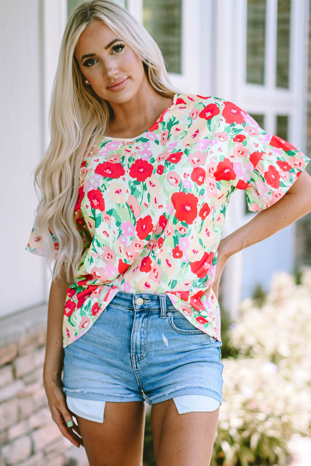 Fiery Red Floral Print Ruffled Short Sleeve V Neck Blouse