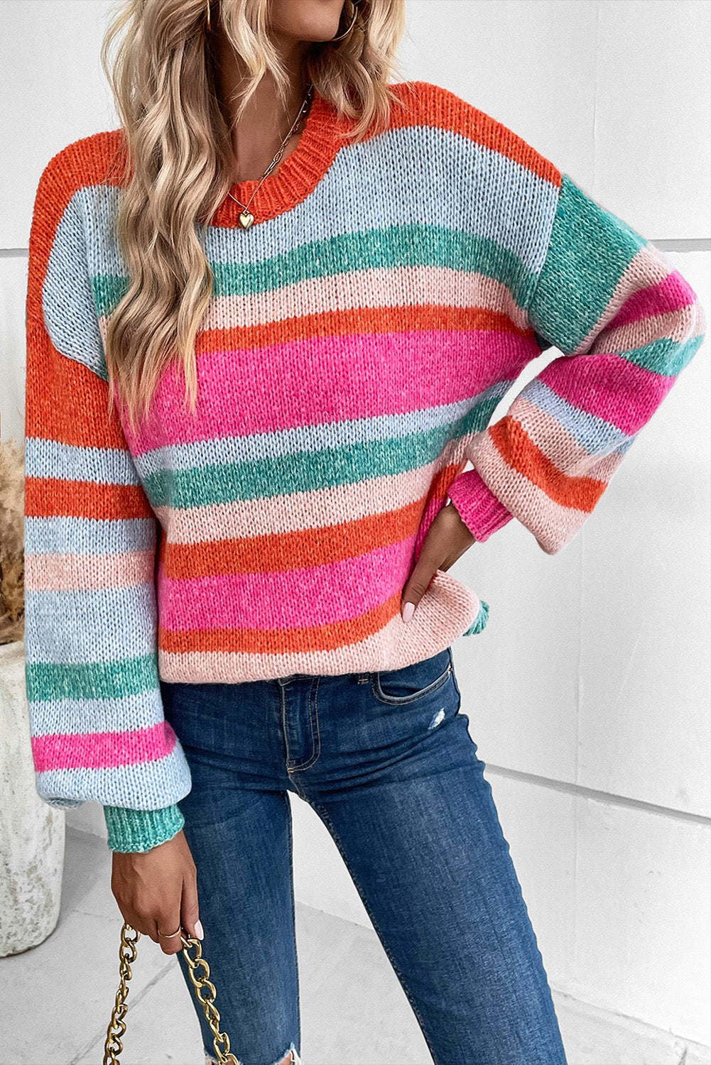 Multicolor Striped Knit Drop Shoulder Puff Sleeve Sweater