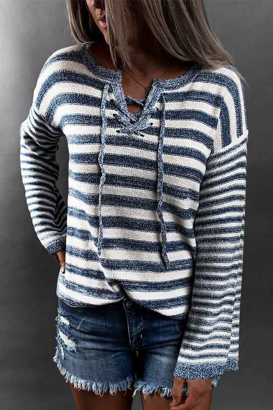 Blue Striped Knit Tie up Sweater