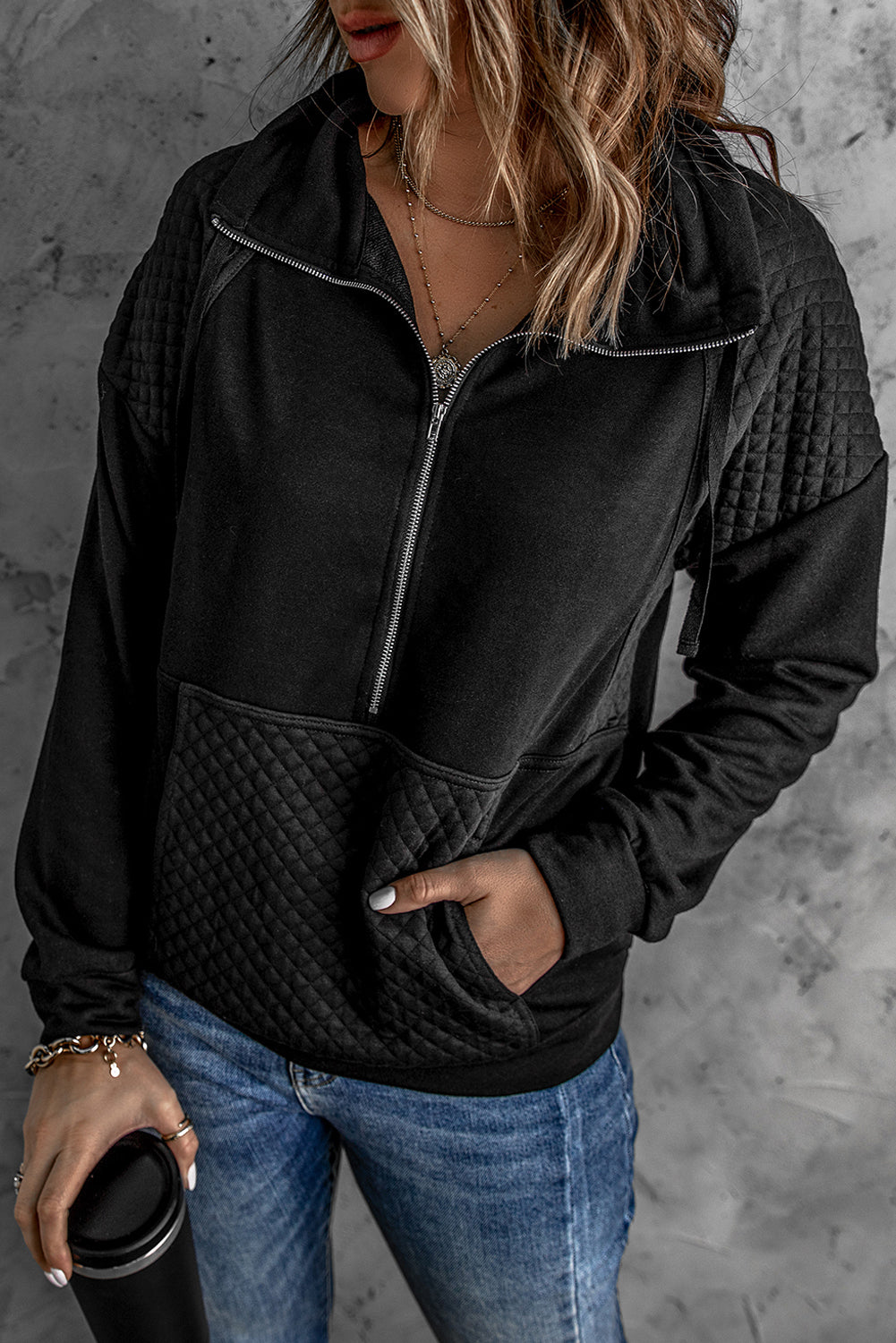 Black Quilted Patch Half Zipper Sweatshirt