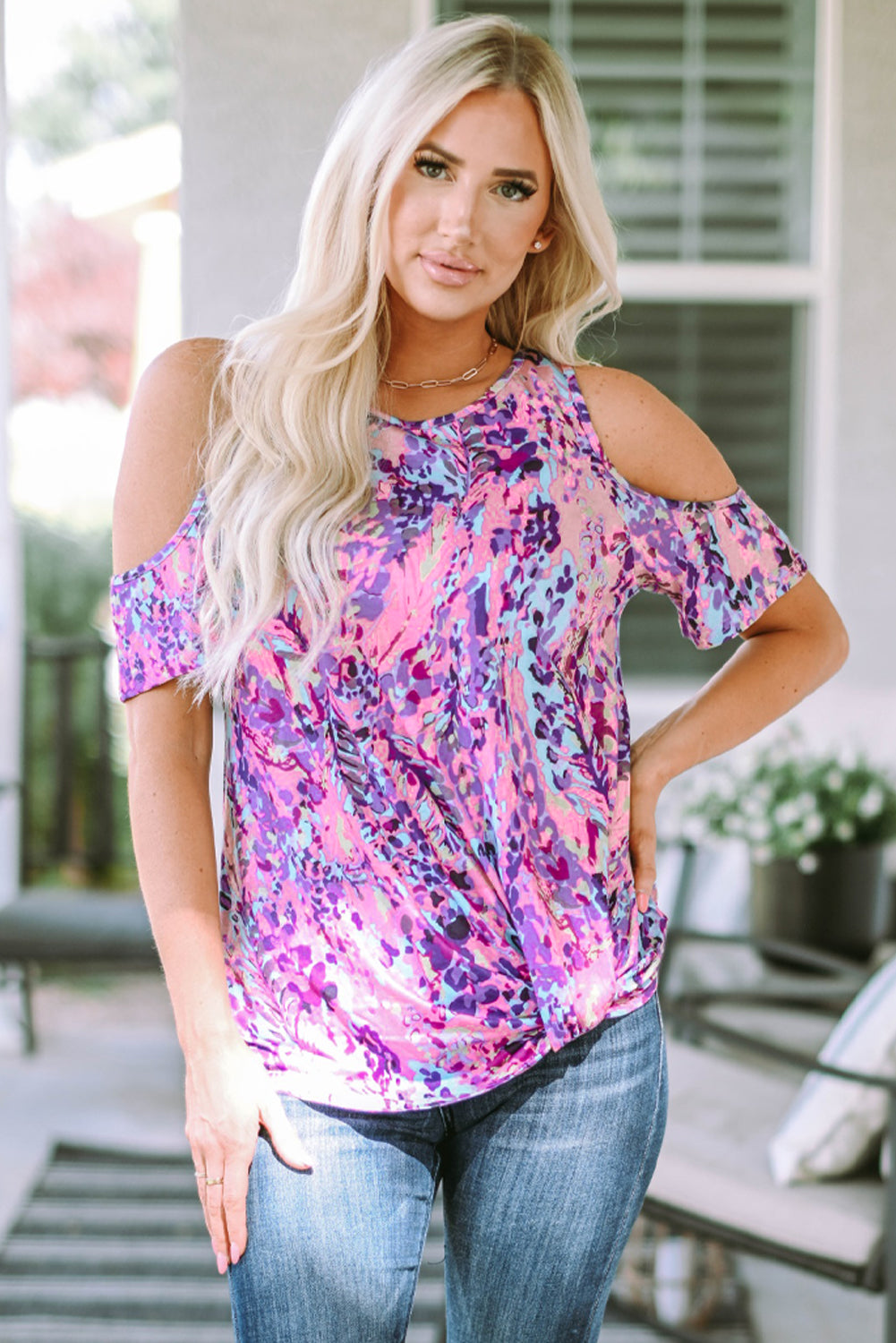 Multicolor Lavender Floral Print Cold Shoulder Blouse