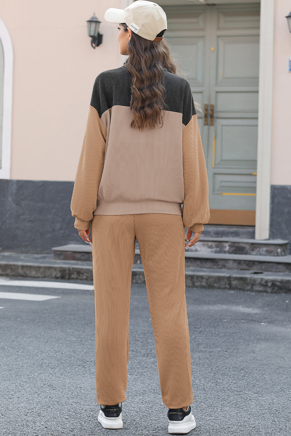 Khaki Corded 2pcs Colorblock Pullover and Pants Outfit