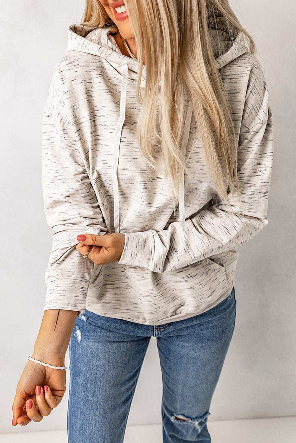 White Marbled Drawstring Cropped Hoodie