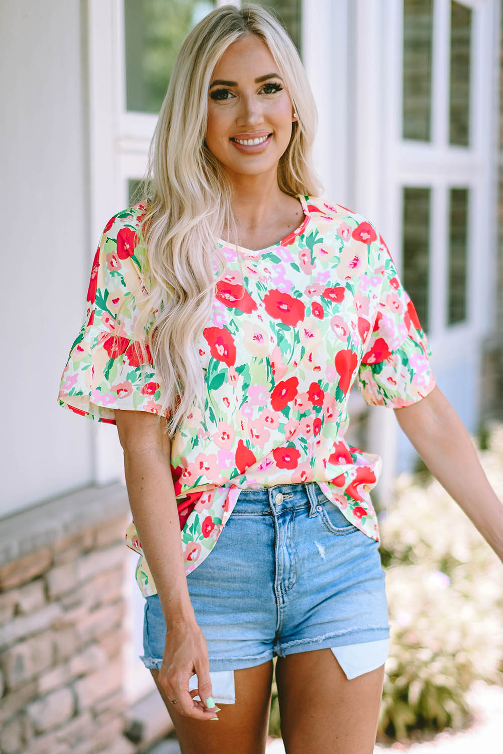 Fiery Red Floral Print Ruffled Short Sleeve V Neck Blouse