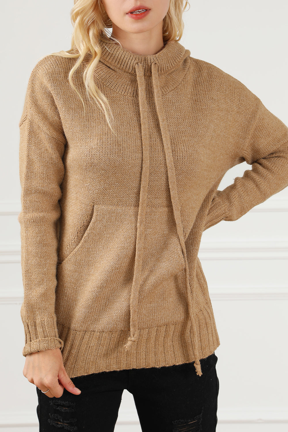 Brown Cowl Neck Drawstring Pullover Hooded Sweater