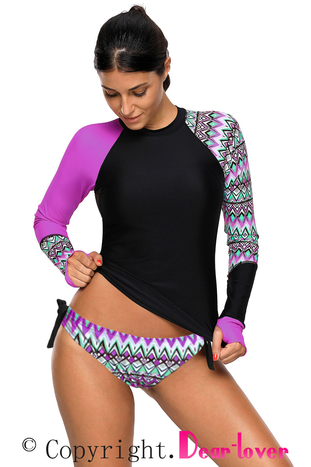 Contrast Purple Detail Long Sleeve Tankini Swimsuit