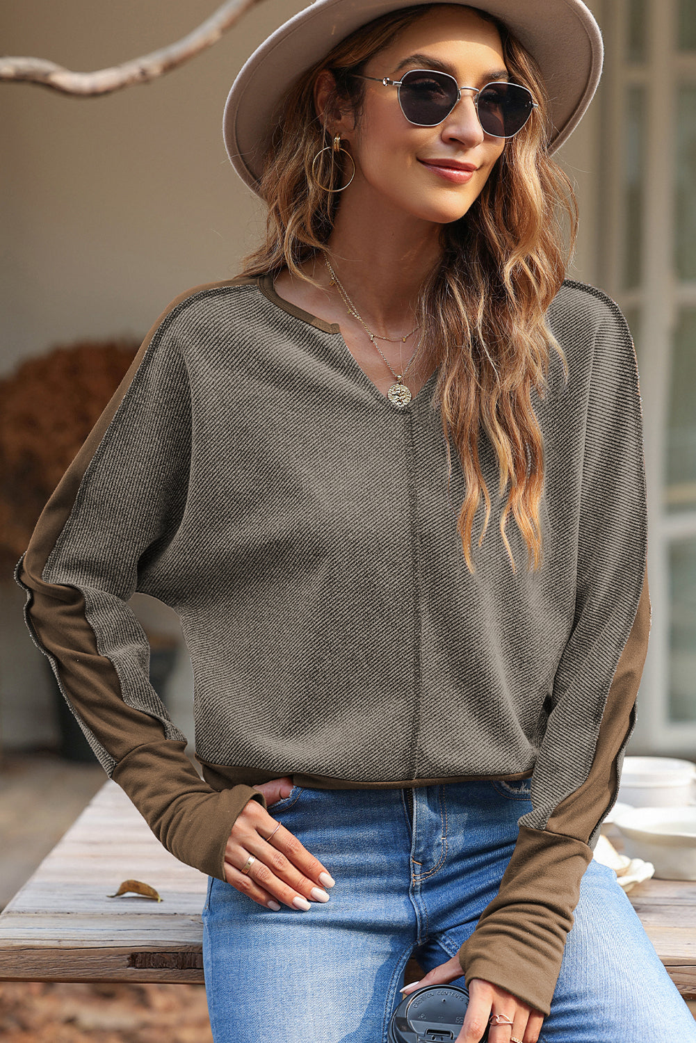 Brown Contrast Patchwork Thumbhole Sleeve Top