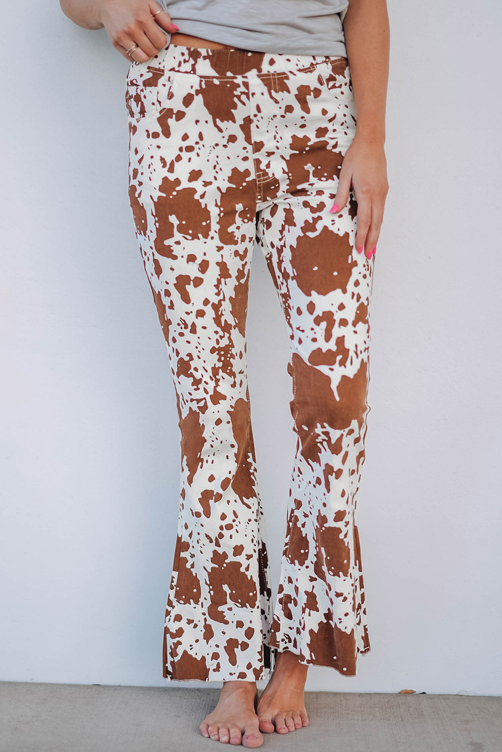 Brown Cow Print High Waisted Flared Pants