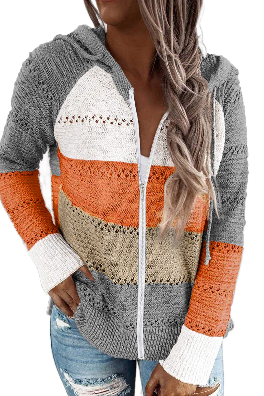 Gray Zipped Front Colorblock Hollow-out Knit Hoodie