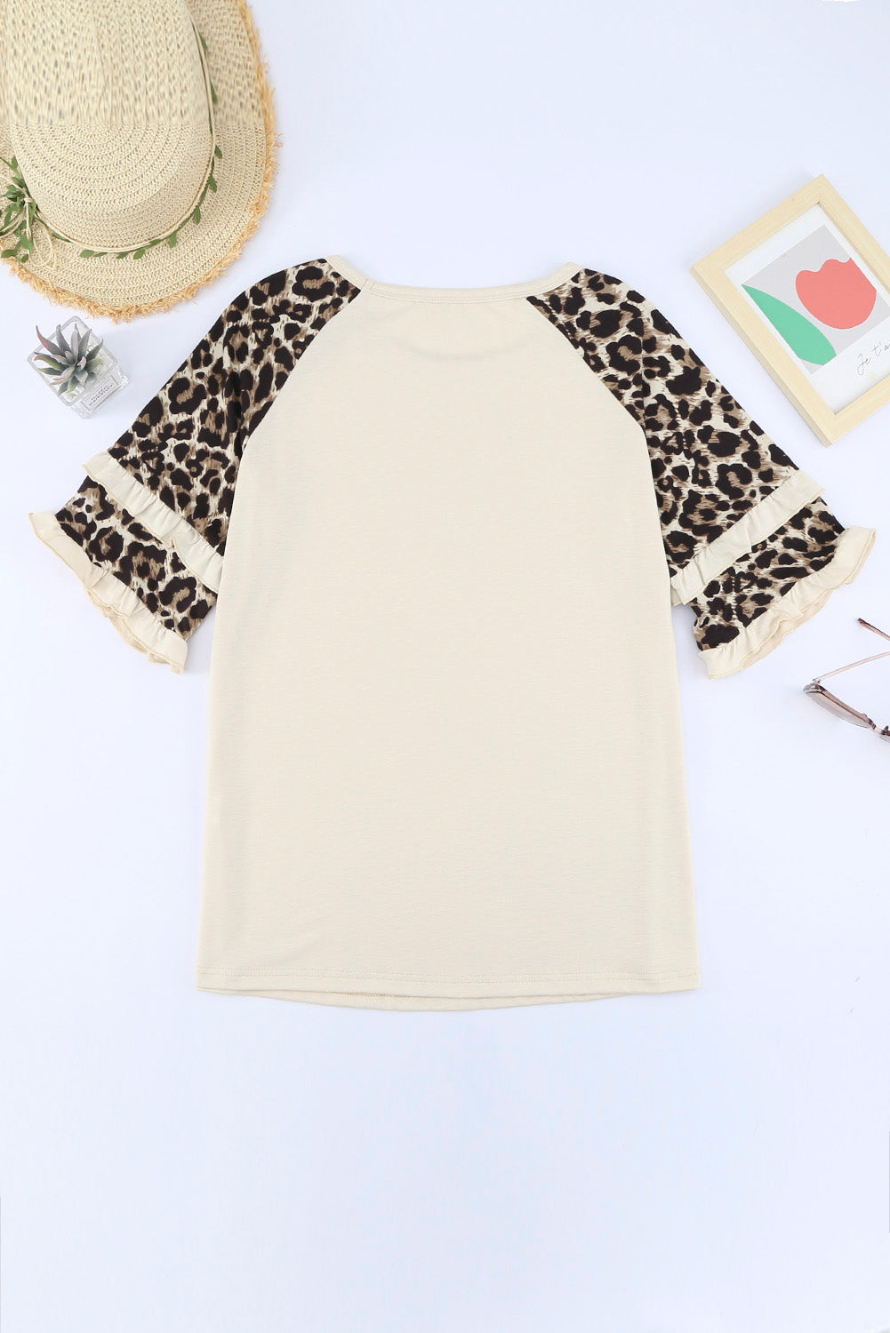 Apricot Ruffled Leopard Sleeve Patchwork Top