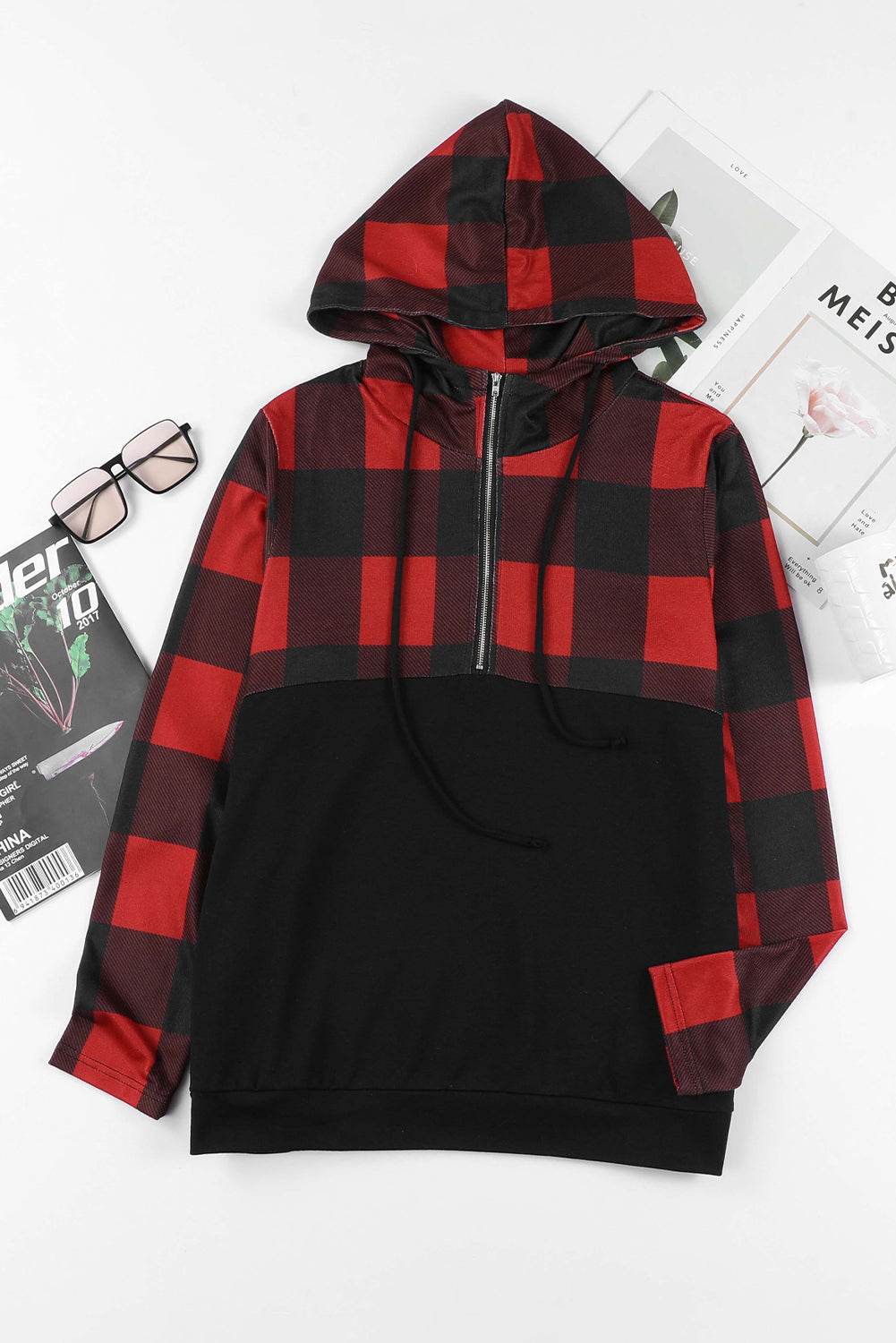 Black Contrast Buffalo Plaid Zip Pullover Hooded Top