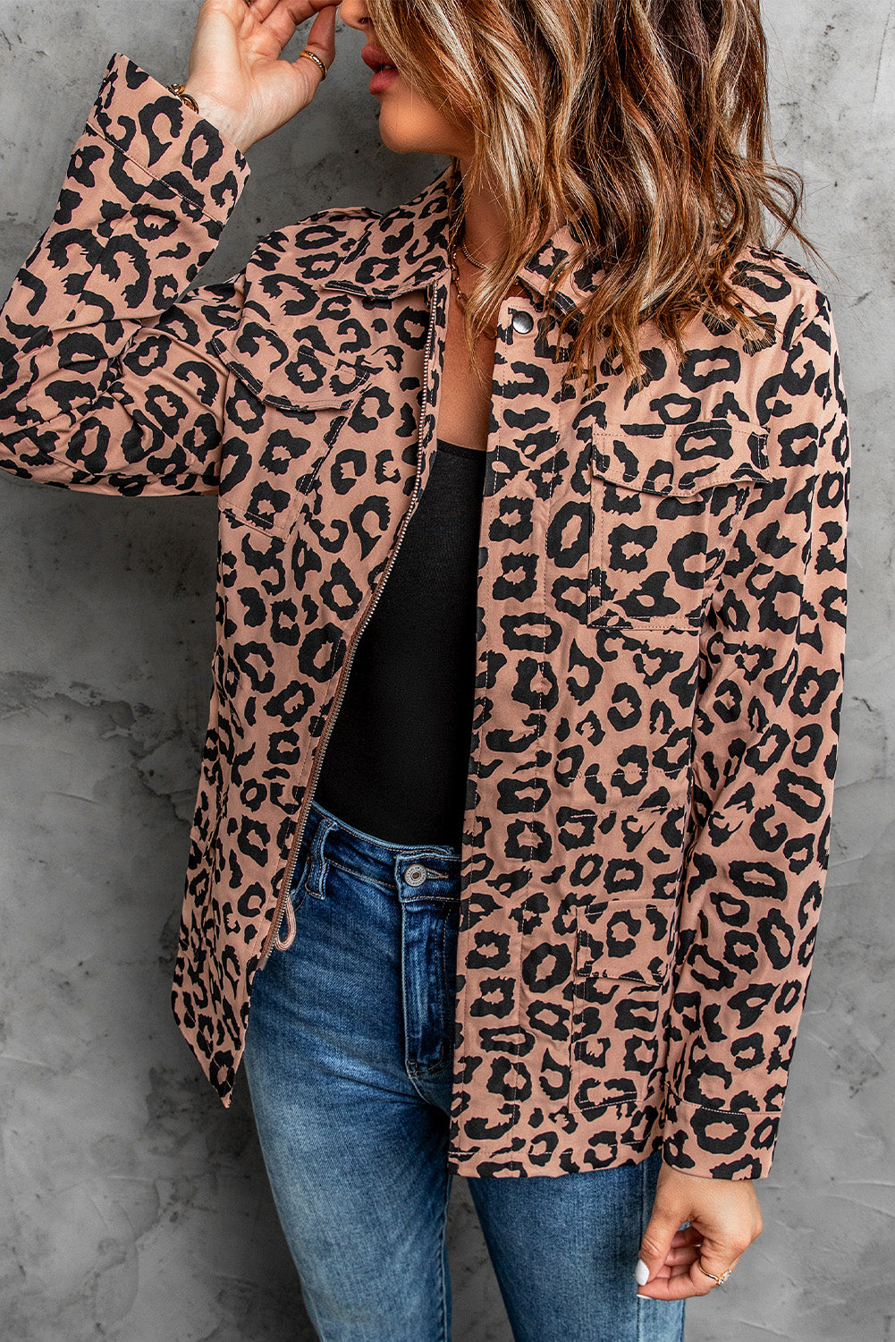 Brown Lapel Collar Zipper Drawstring Leopard Coat