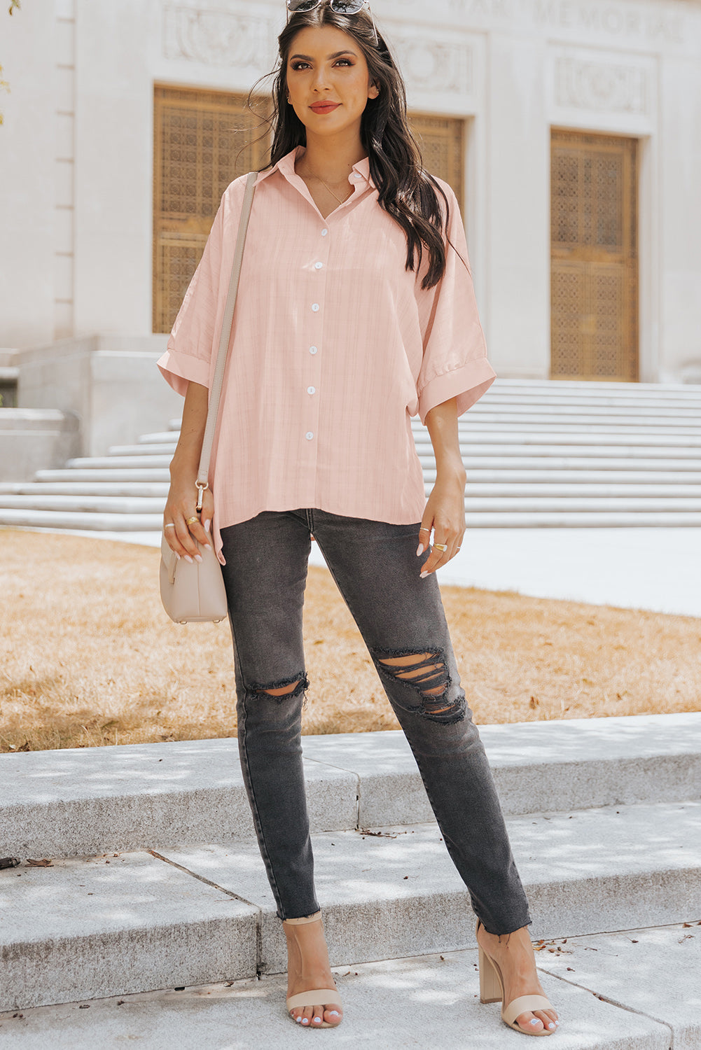 Pink Button Front Dolman Sleeves Shirt