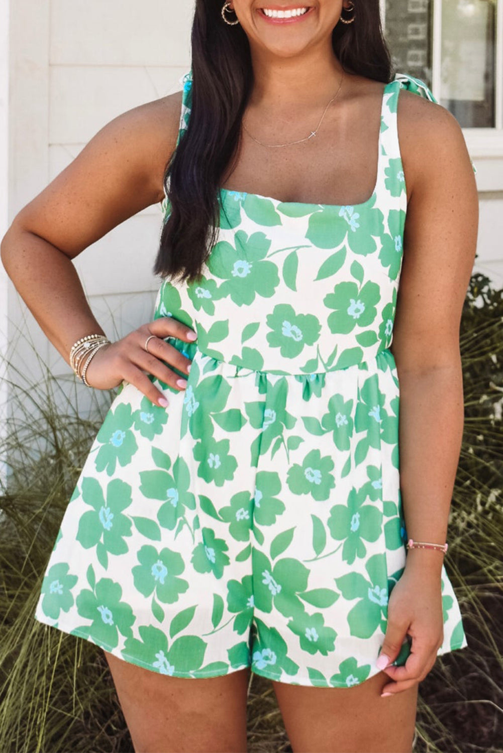 Green Flower Print Knotted Straps Square Neck Romper