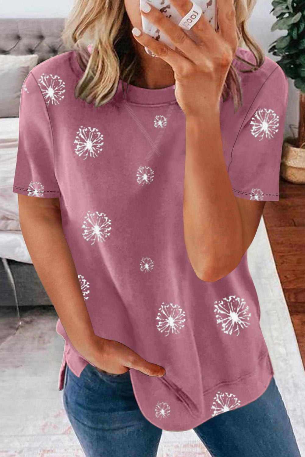 Pink Dandelion Print Crew Neck T-shirt