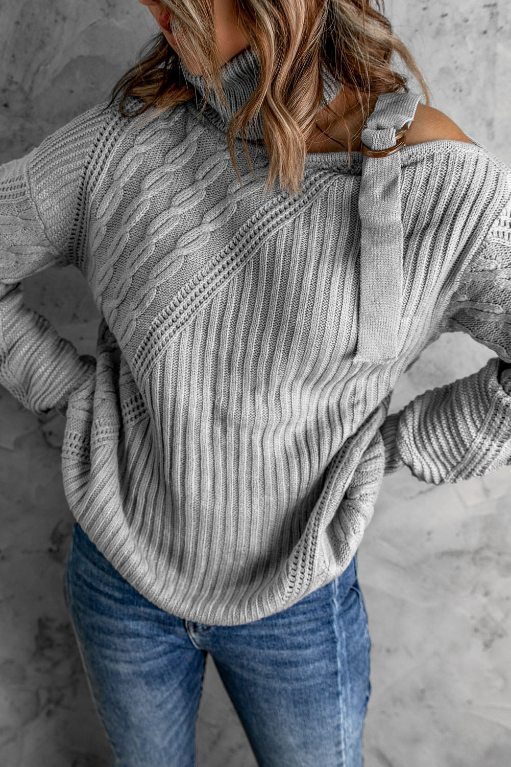 Gray Strapped Cut out Shoulder Turtleneck Sweater