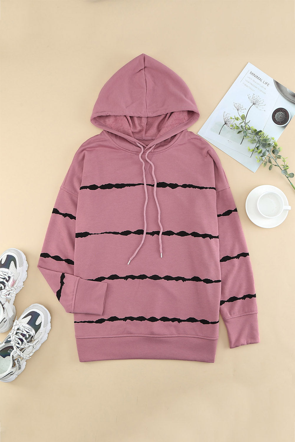 Pink Tie-dye Striped Drawstring Hoodie with Side Split Tops