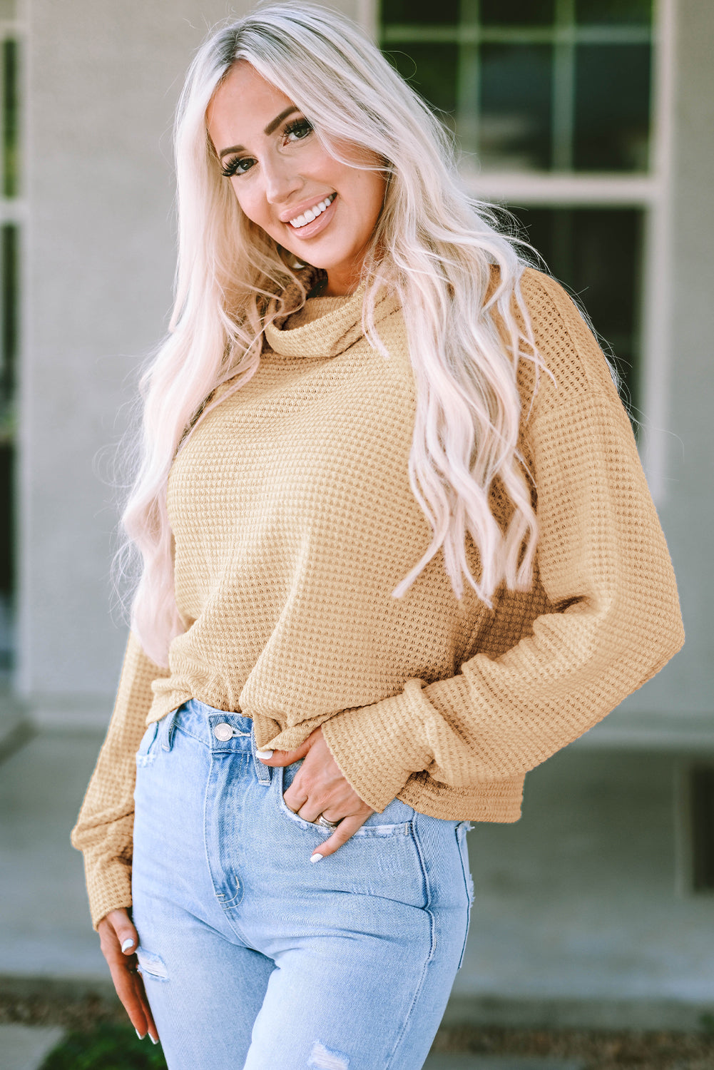 Apricot Solid Waffle Knit Turtleneck Long Sleeve Top