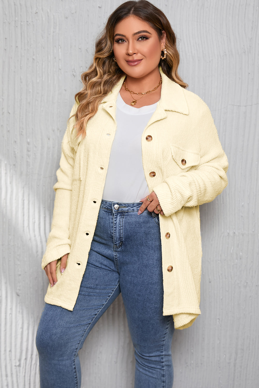 Beige Plus Size Ribbed Flap Pocket Collared Knit Jacket