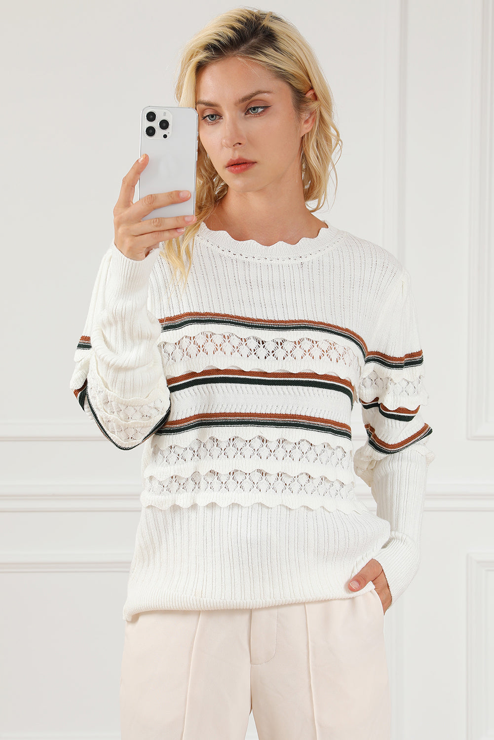 White Striped Ribbed Scalloped Detail Knit Sweater