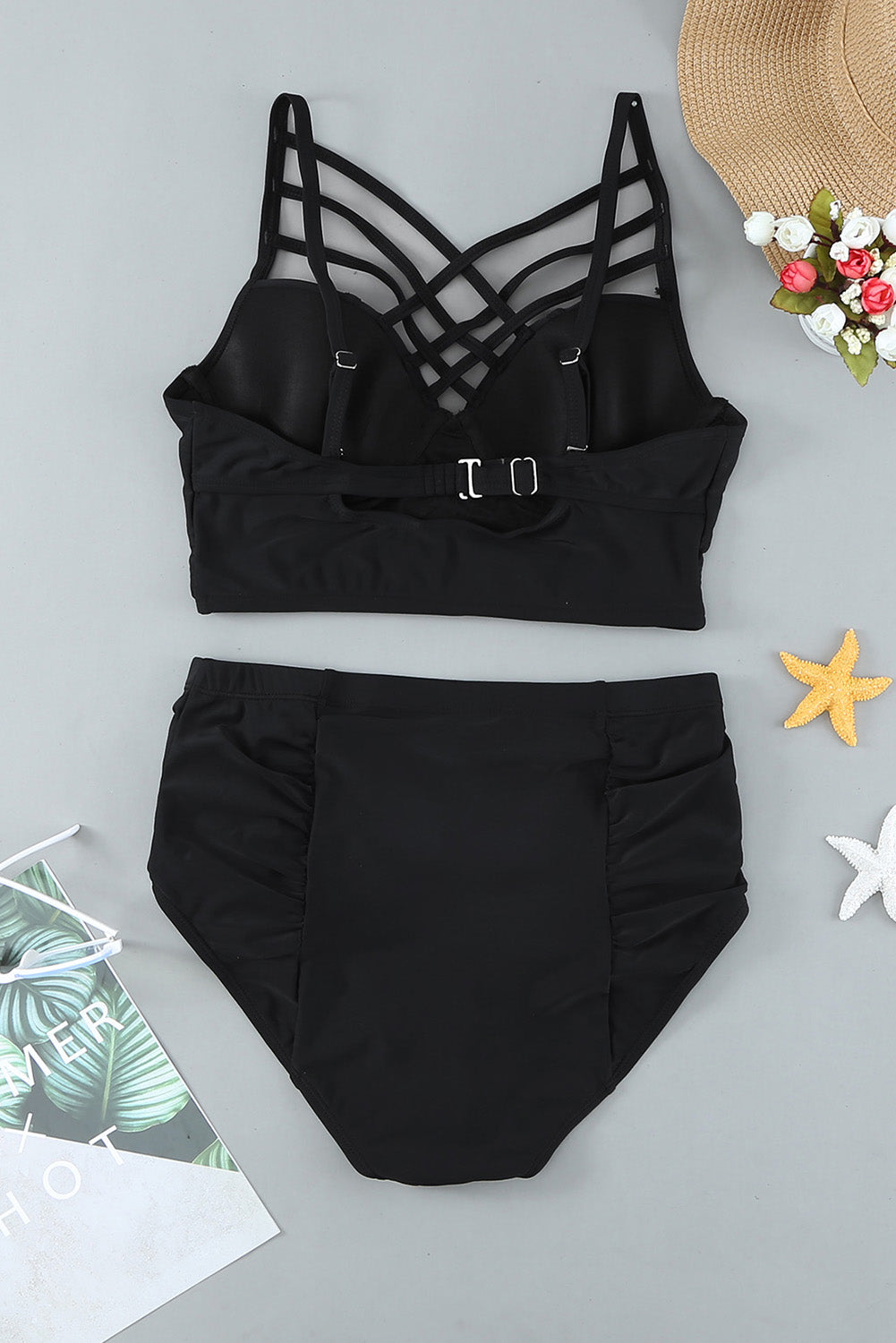 Black Strappy Neck Detail High Waist Plus Size Swimsuit