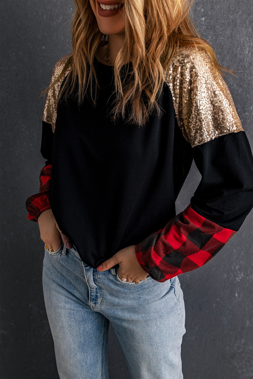 Black Crewneck Lantern Sleeve Plaid Sequin Splicing Blouse