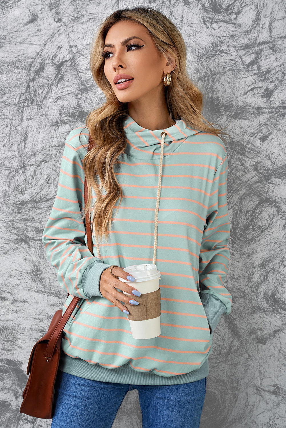 Green Striped Turtleneck Hoodie with Pocket