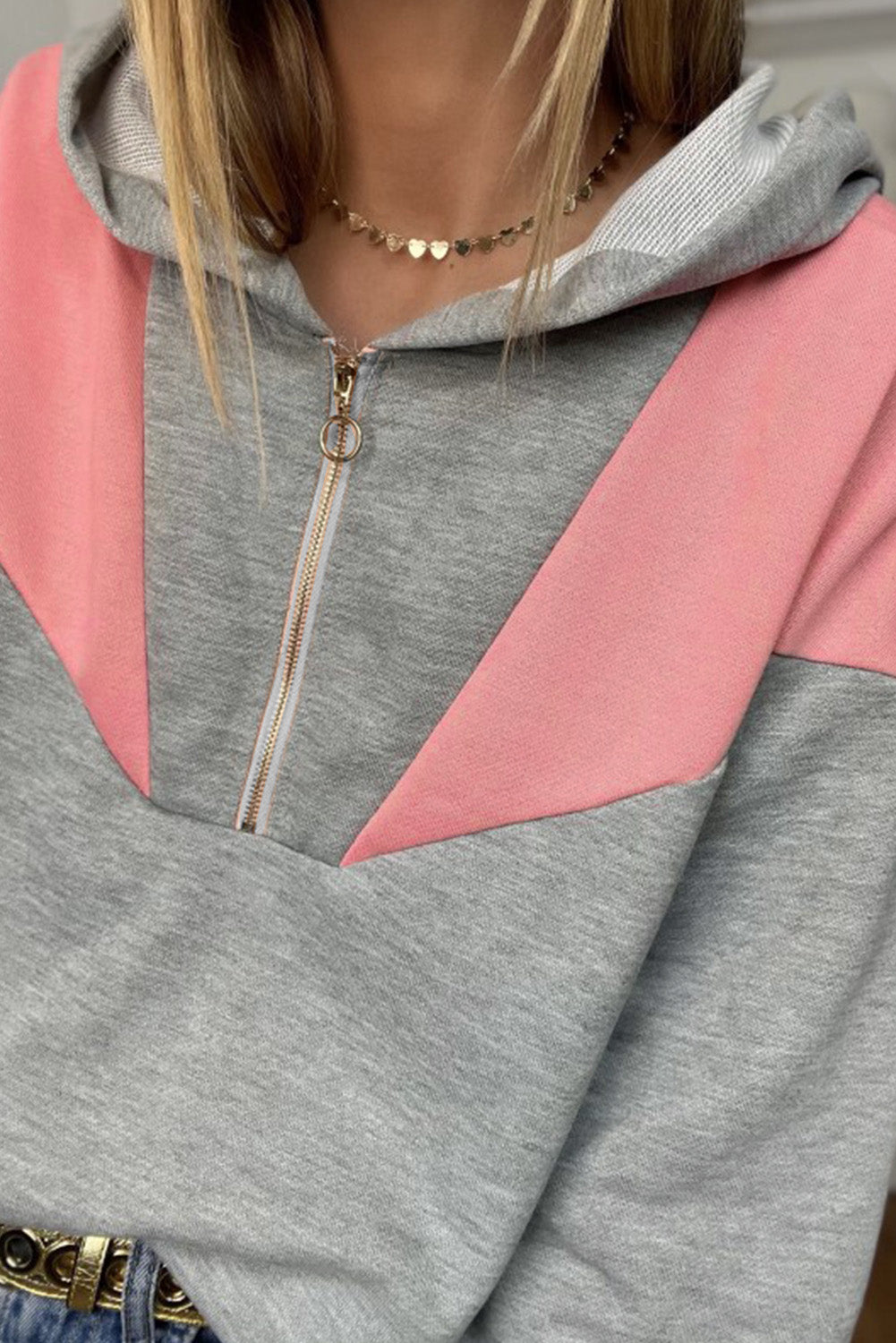 Gray Zip Front Colorblock Pullover Hoodie