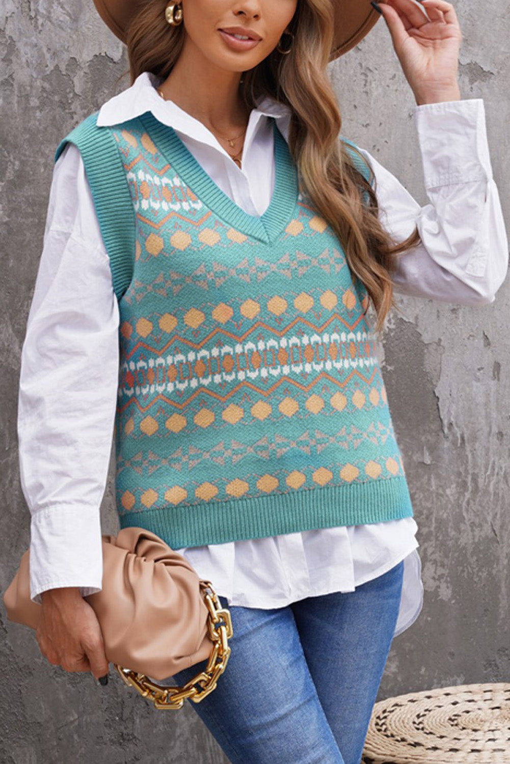 Green Tribal Print V Neck Knitted Sweater Vest