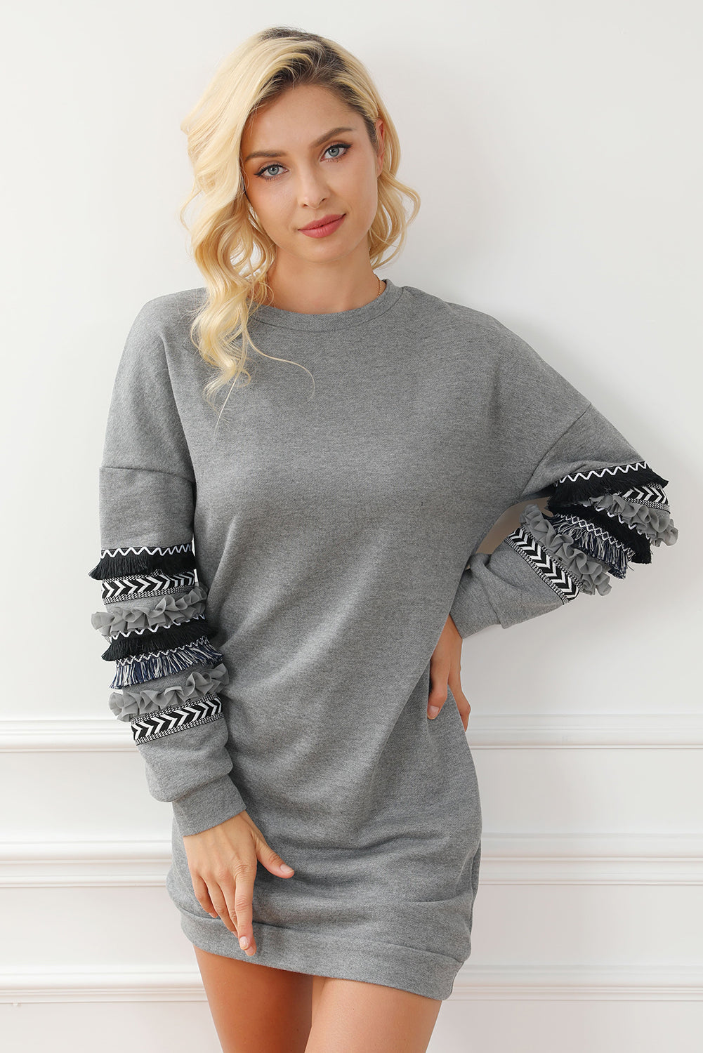 Dark Grey Printed Fringed Ruffled Accent Sweatshirt Dress