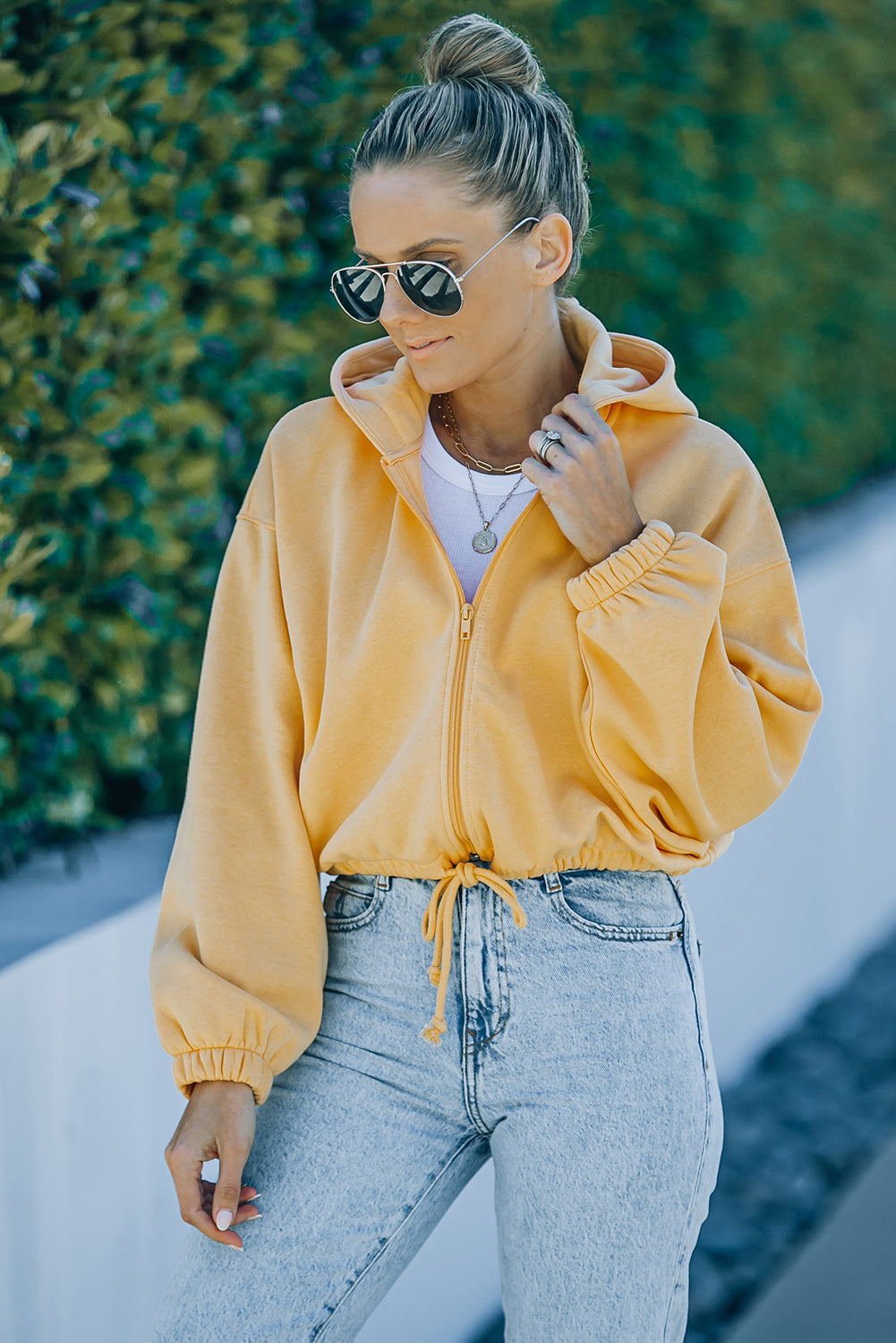 Yellow Zip Closure Drawstring Cinched Cropped Hoodie