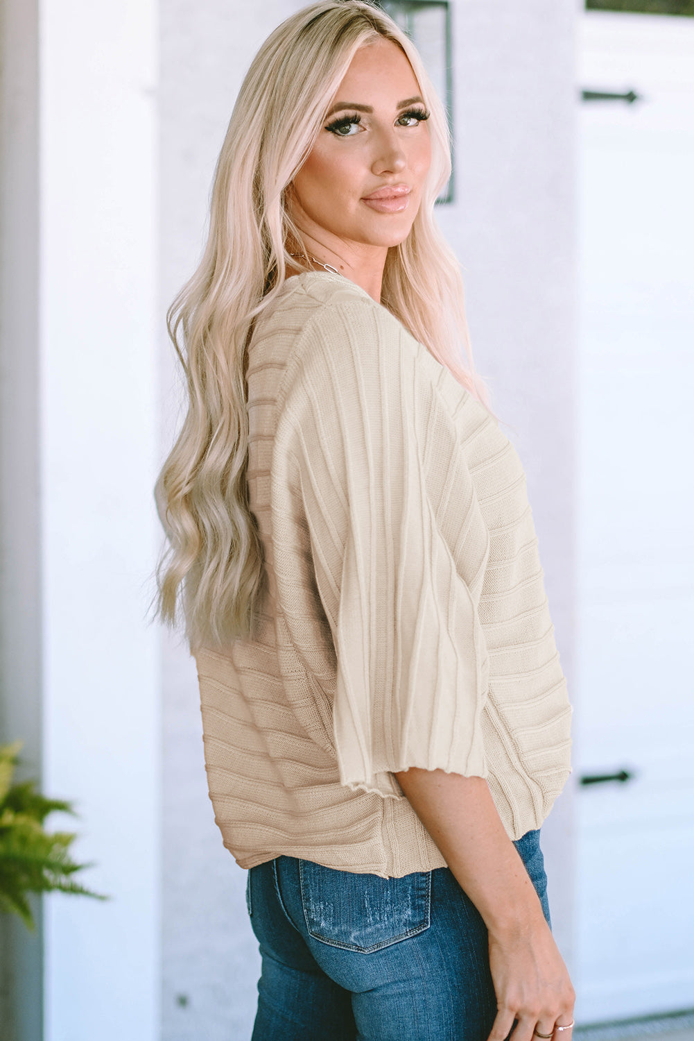 Apricot Exposed Seam Ribbed Knit Dolman Sweater