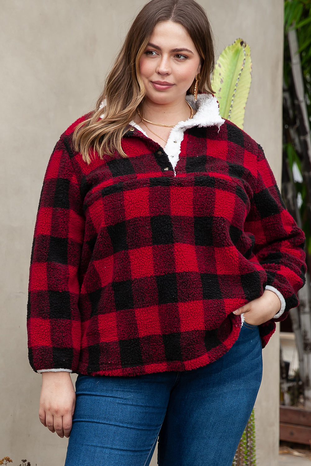 Fiery Red Plus Size Buffalo Plaid Sherpa Henley Sweatshirt