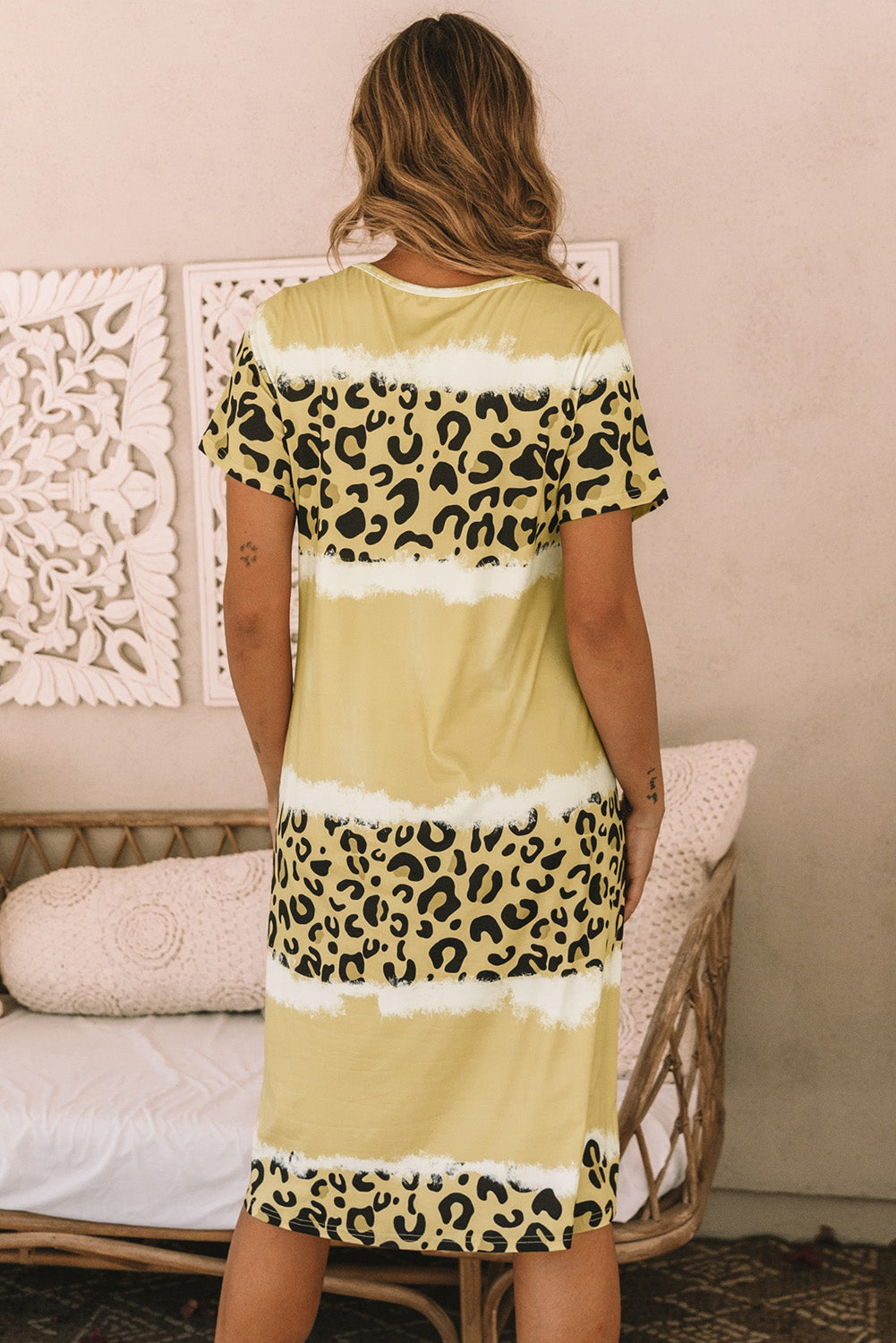 Yellow Leopard Color Block V-Neck T-shirt Dress