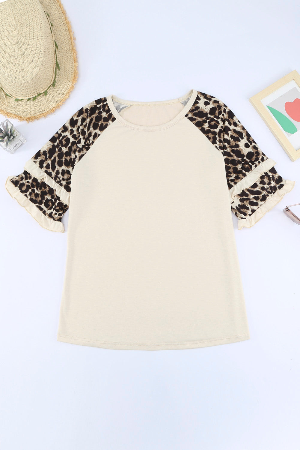 Apricot Ruffled Leopard Sleeve Patchwork Top