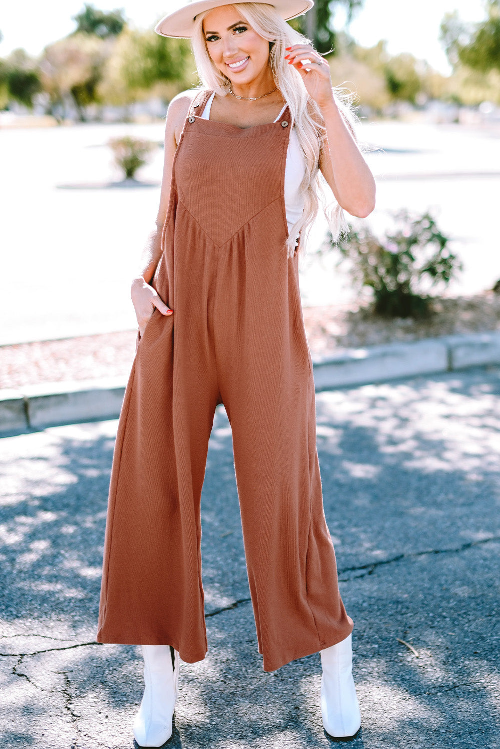 Gold Flame Textured Buttoned Straps Ruched Wide Leg Jumpsuit