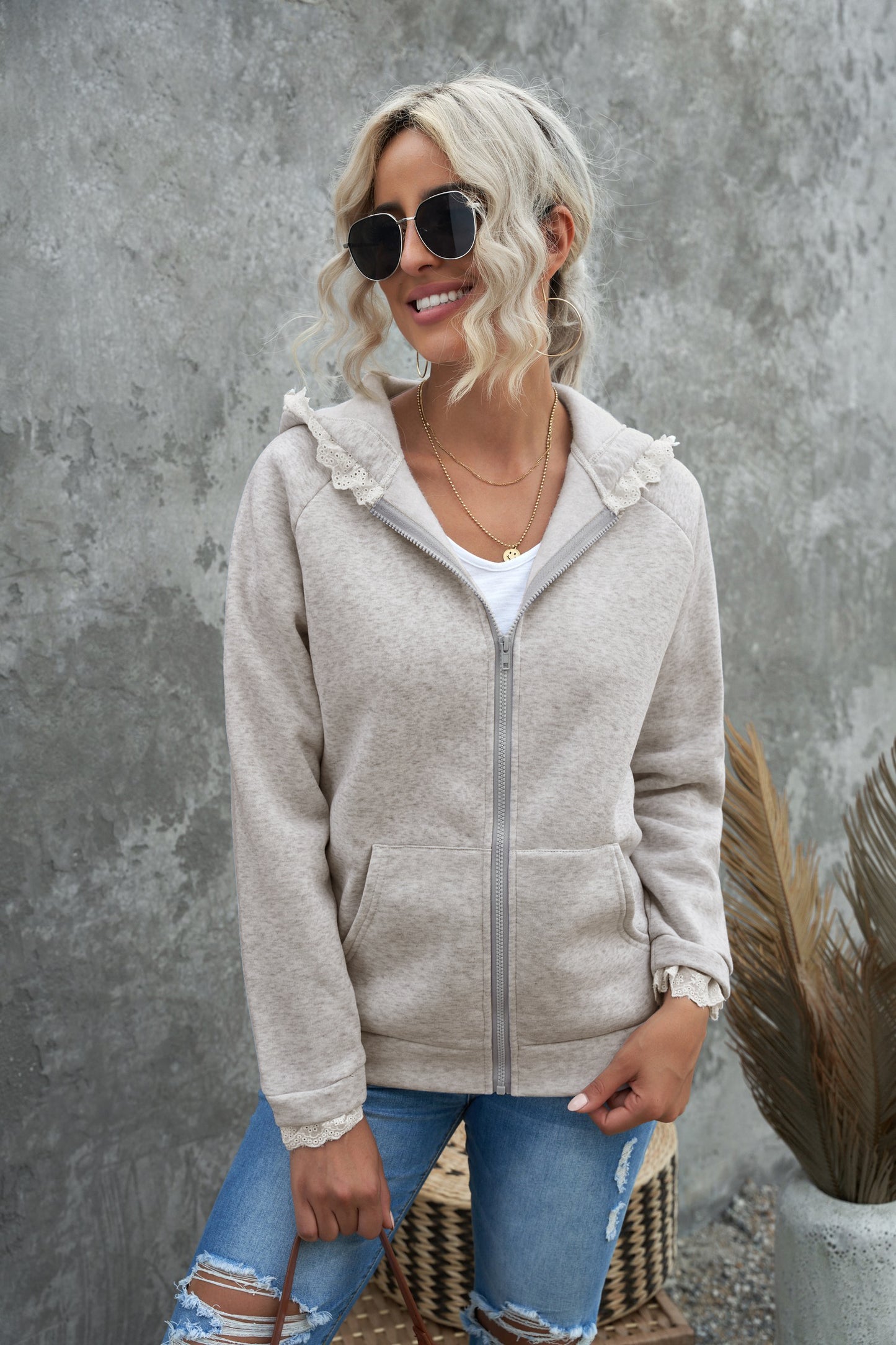 Gray Zip-up Lace Trim Hooded Coat