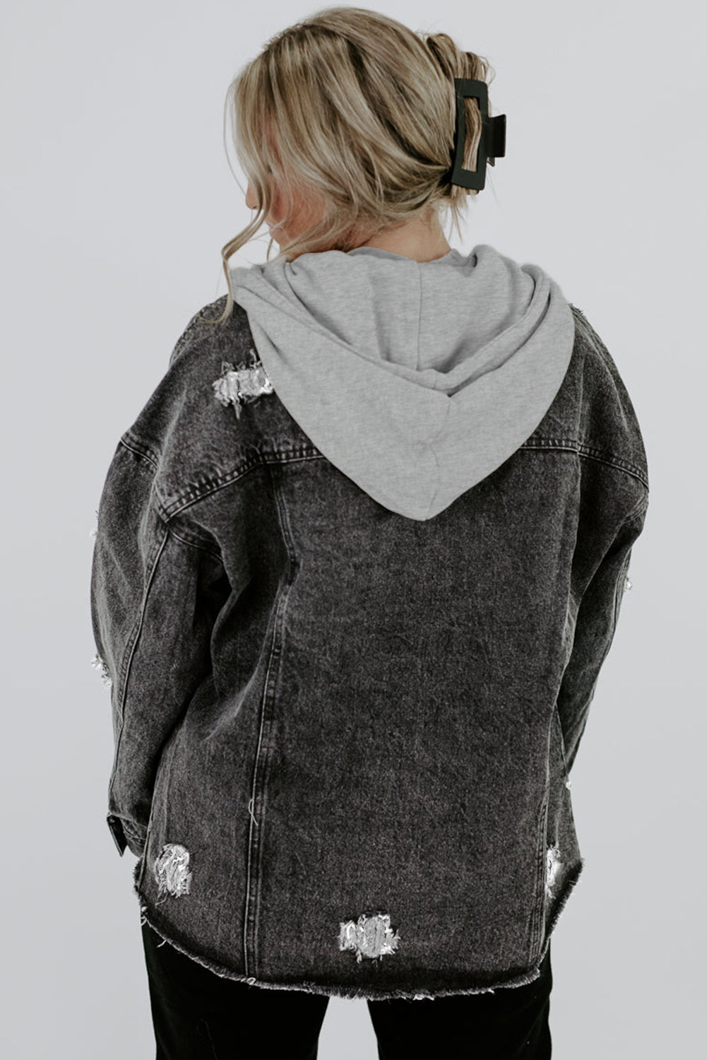 Black Drawstring Hooded Frayed Denim Jacket