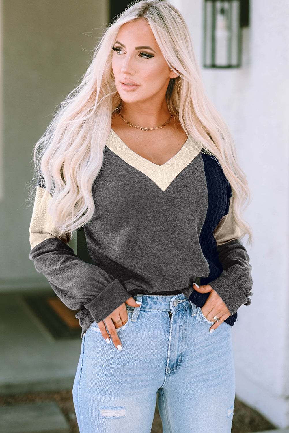 Black Brushed Contrast Knit V Neck Colorblock Long Sleeve Top