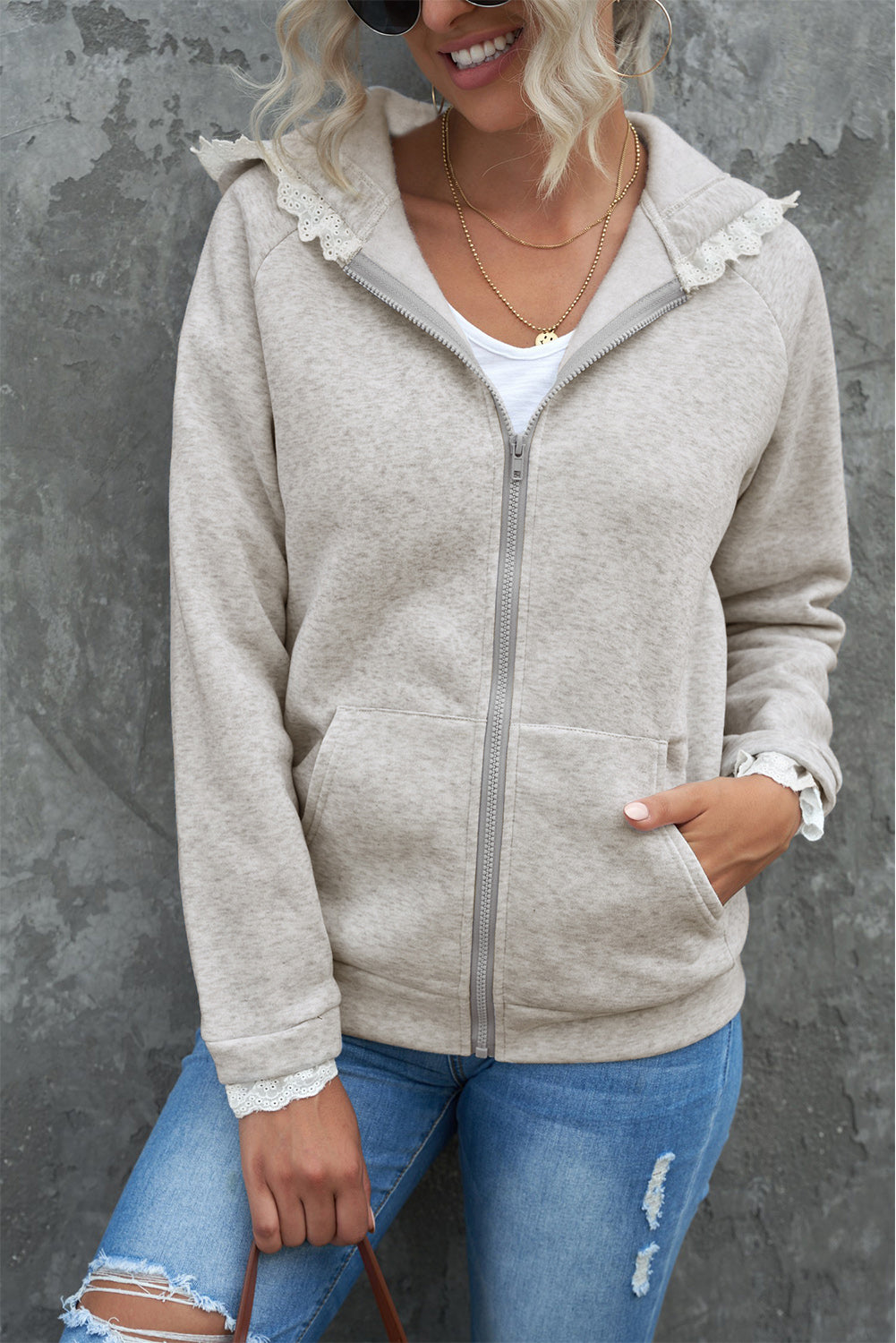 Gray Zip-up Lace Trim Hooded Coat