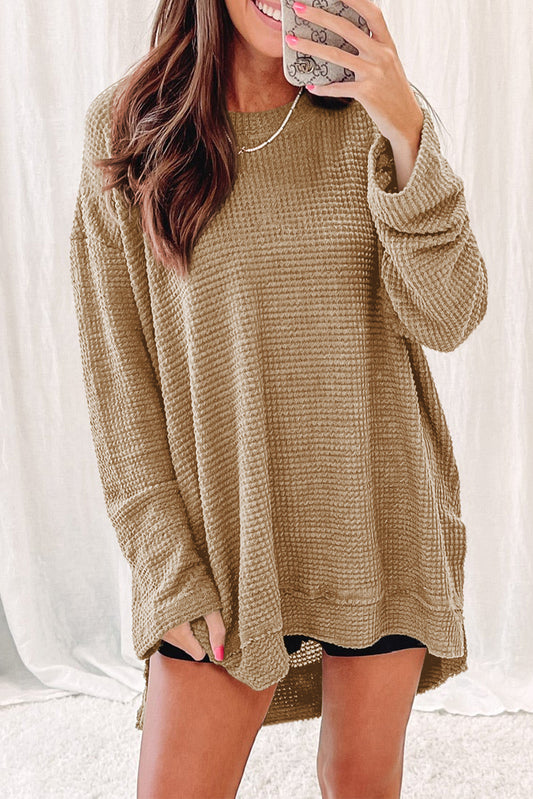 Khaki Waffle Knit High Slits Oversized Top