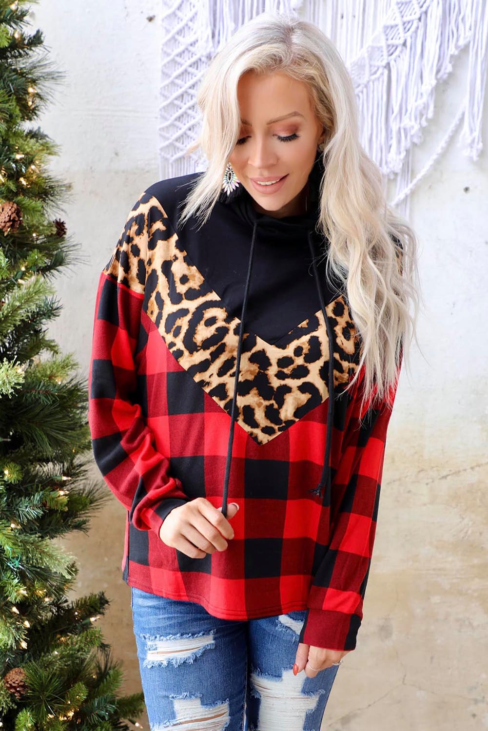 Fiery Red Chevron Plaid Leopard Patchwork Turtleneck Sweatshirt