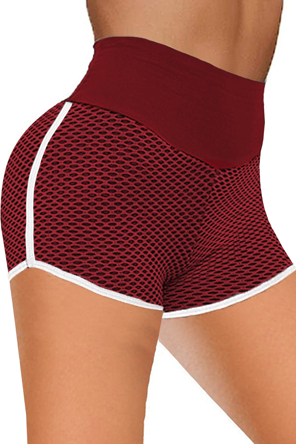 Burgundy High Waist Honeycomb Contrast Stripes Butt Lifting Yoga Shorts