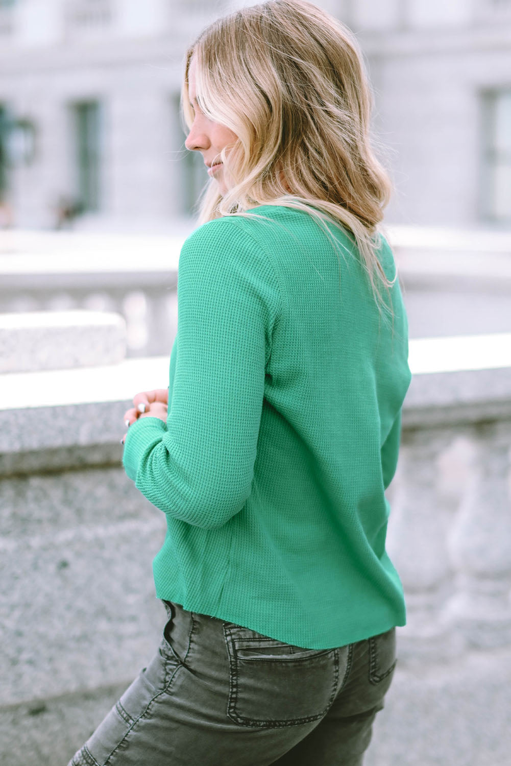 Green Trimmed Neckline Waffle Knit Henley Top