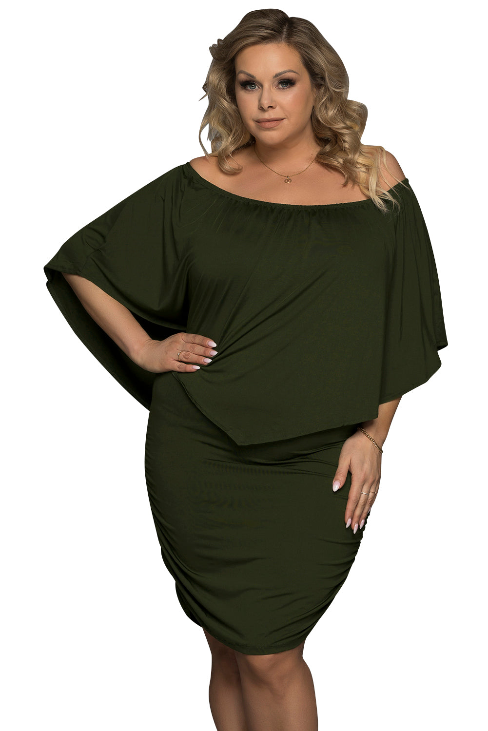 Plus size  Dressing Layered Army Green Mini Poncho Dress