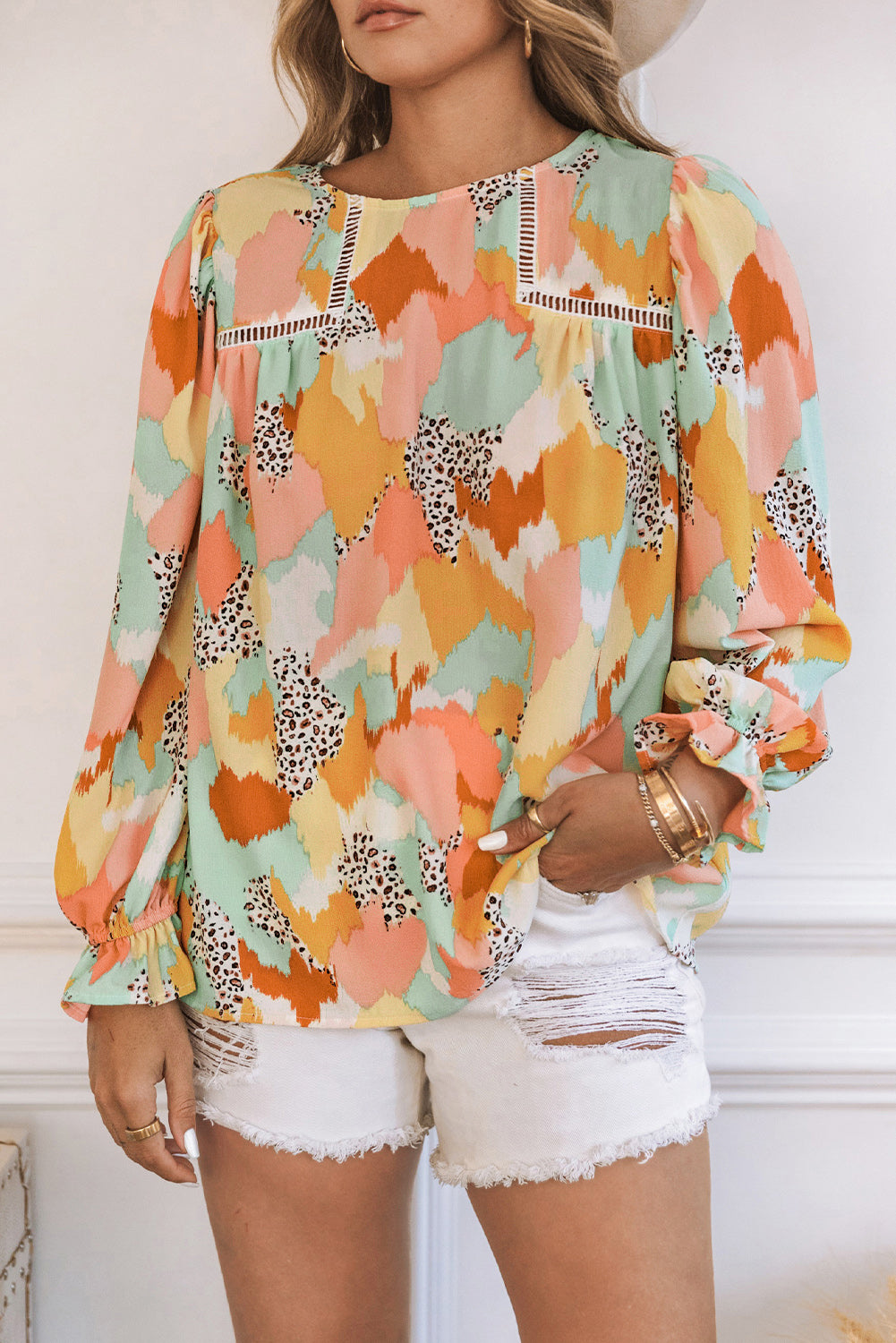 Pink Abstract Printed Long Sleeve Blouse