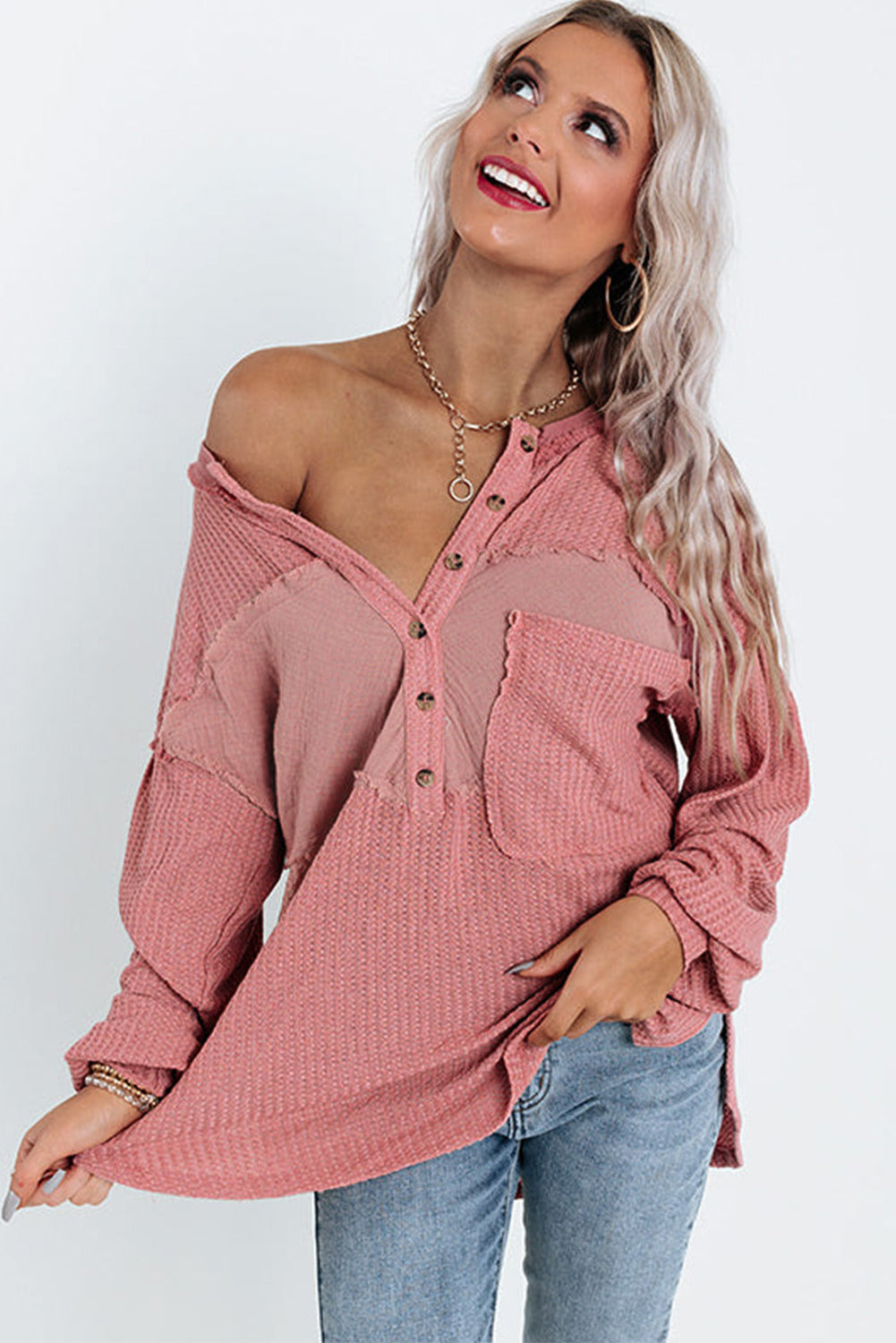 Pink Frayed Patchwork Waffle Knit Top