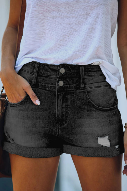 Gray Cuffed High Rise Denim Shorts